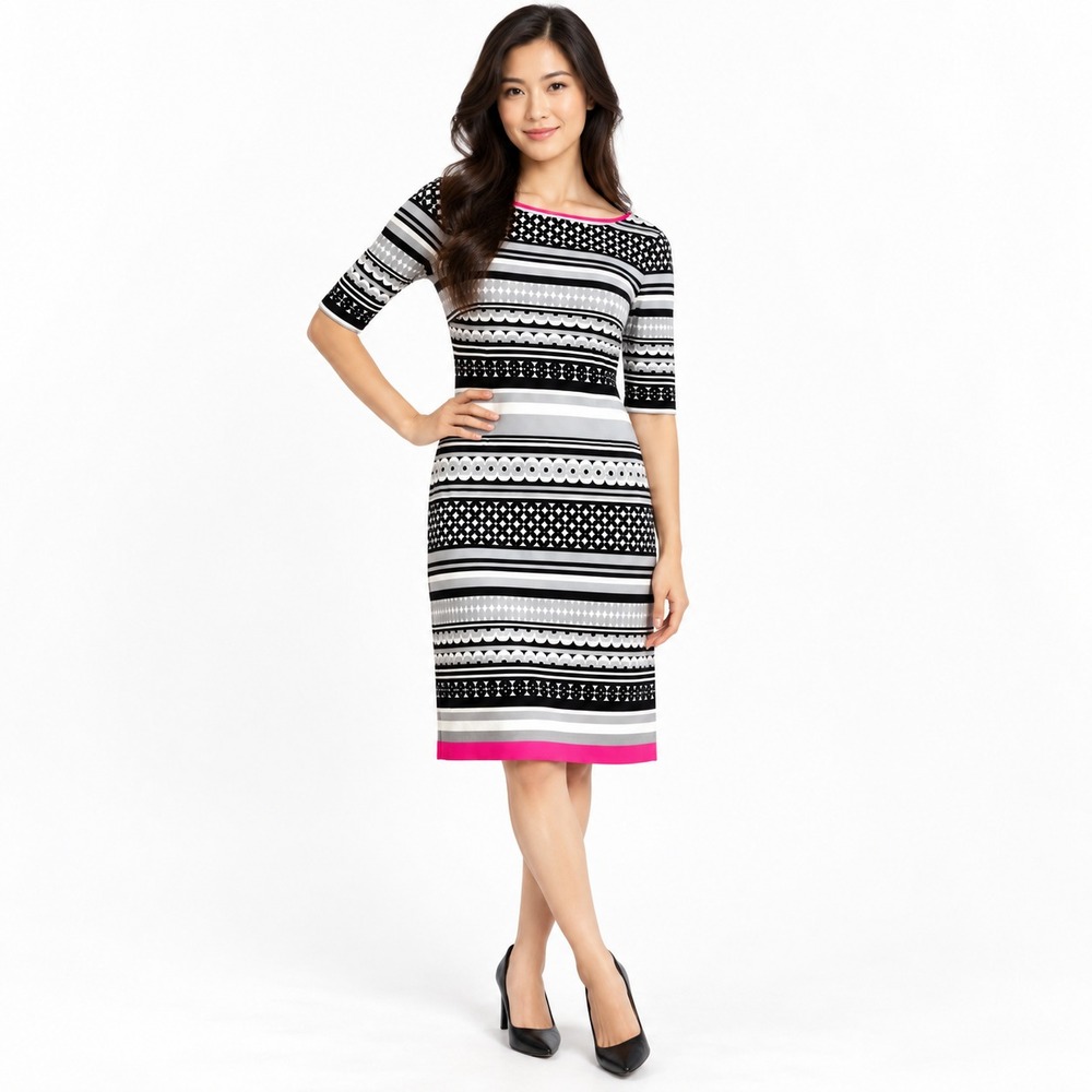 Eliza J Pleated Sleeve Women's Shift Dress Boho Black Pink Patterned Size 8